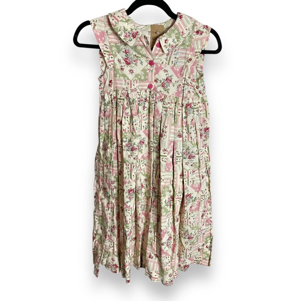 Vintage Shabby Chic Girls Floral Patchwork Print Sleeveless Dress Ivory Pink